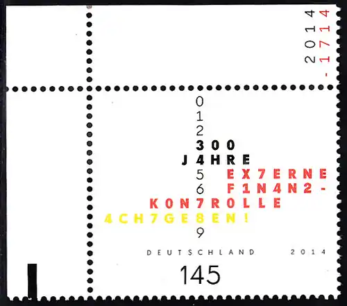 BUND 2014 Michel-Nummer 3106 postfrisch EINZELMARKE ECKRAND oben links