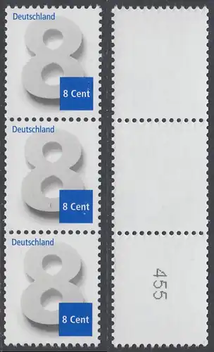 BUND 2015 Michel-Nummer 3188 postfrisch vert.STRIP(3) ROLLENMARKEN m/ rückseitiger Nummer (455) 