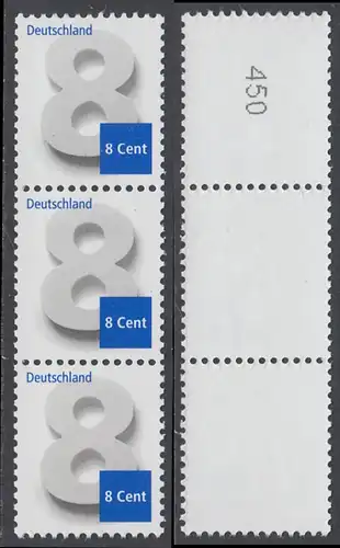 BUND 2015 Michel-Nummer 3188 postfrisch vert.STRIP(3) ROLLENMARKEN m/ rückseitiger Nummer (450) 