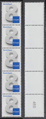 BUND 2015 Michel-Nummer 3188 postfrisch vert.STRIP(5) ROLLENMARKEN m/ rückseitiger Nummer (460) 