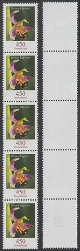 BUND 2015 Michel-Nummer 3191 postfrisch vert.STRIP(5) ROLLENMARKEN m/ rückseitiger Nummer 100
