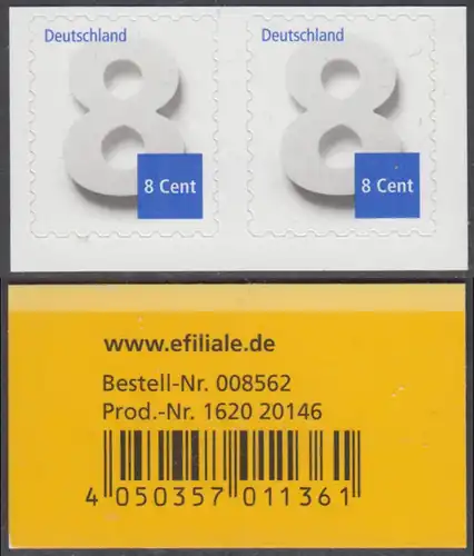 BUND 2015 Michel-Nummer 3196 postfrisch  horiz.PAAR w/EAN -aus MH/selbstklebend- 