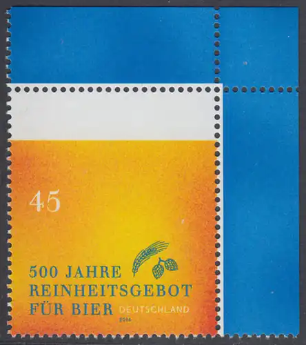 BUND 2016 Michel-Nummer 3229 postfrisch EINZELMARKE ECKRAND oben rechts