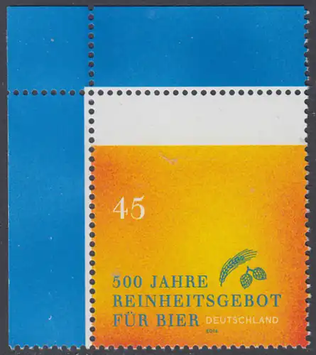 BUND 2016 Michel-Nummer 3229 postfrisch EINZELMARKE ECKRAND oben links