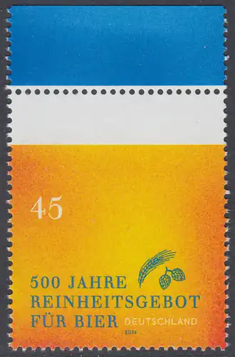 BUND 2016 Michel-Nummer 3229 postfrisch EINZELMARKE RAND oben 