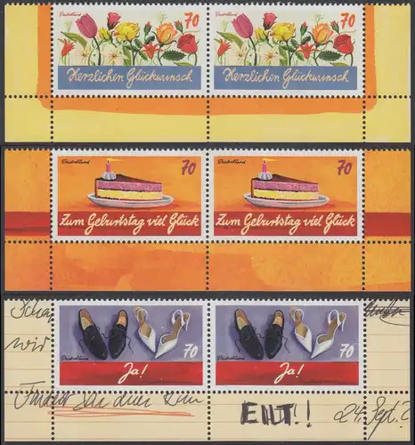 BUND 2016 Michel-Nummer 3232-3234 postfrisch SATZ(3) horiz.PAARE ECKRÄNDER unten rechts/links