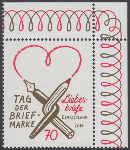 BUND 2016 Michel-Nummer 3259 postfrisch EINZELMARKE ECKRAND oben rechts