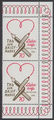 BUND 2016 Michel-Nummer 3259 postfrisch vert.PAAR ECKRÄNDER oben/unten rechts