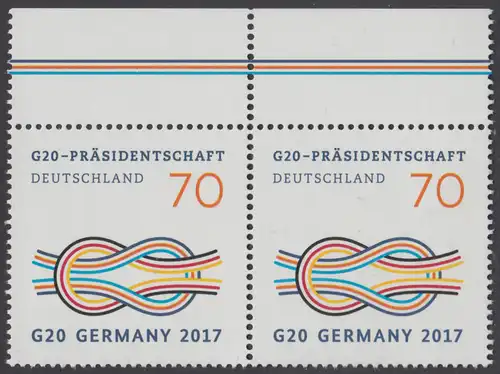 BUND 2017 Michel-Nummer 3291 postfrisch horiz.PAAR RÄNDER oben