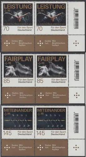 BUND 2017 Michel-Nummer 3307-3309 postfrisch SATZ(3) horiz.PAARE ECKRÄNDER unten rechts