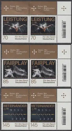 BUND 2017 Michel-Nummer 3307-3309 postfrisch SATZ(3) horiz.PAARE ECKRÄNDER oben rechts