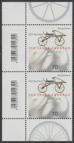 BUND 2017 Michel-Nummer 3320 postfrisch vert.PAAR ECKRÄNDER oben/unten links