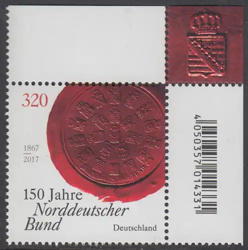 BUND 2017 Michel-Nummer 3321 postfrisch EINZELMARKE ECKRAND oben rechts