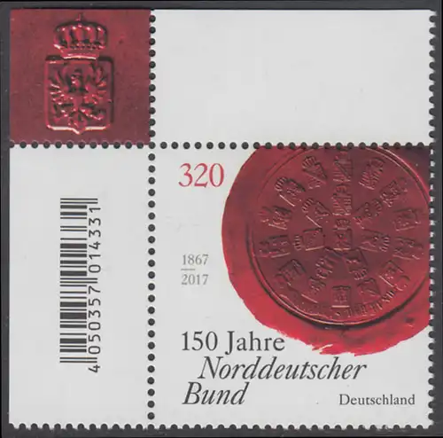 BUND 2017 Michel-Nummer 3321 postfrisch EINZELMARKE ECKRAND oben links