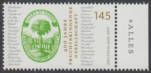 BUND 2017 Michel-Nummer 3328 postfrisch EINZELMARKE RAND rechts (a)