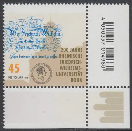 BUND 2018 Michel-Nummer 3360 postfrisch EINZELMARKE ECKRAND unten rechts