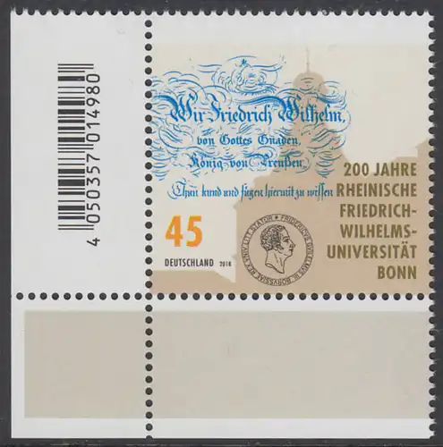 BUND 2018 Michel-Nummer 3360 postfrisch EINZELMARKE ECKRAND unten links