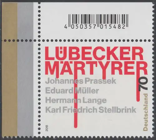 BUND 2018 Michel-Nummer 3417 postfrisch EINZELMARKE ECKRAND oben links