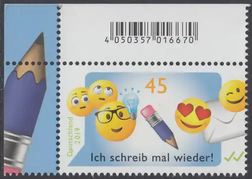 BUND 2019 Michel-Nummer 3458 postfrisch EINZELMARKE ECKRAND oben links