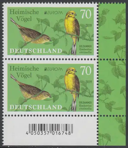 BUND 2019 Michel-Nummer 3463 postfrisch vert.PAAR ECKRAND unten rechts 