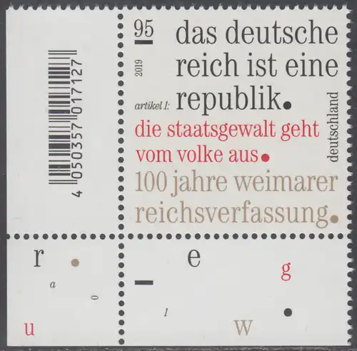 BUND 2019 Michel-Nummer 3488 postfrisch EINZELMARKE ECKRAND unten links