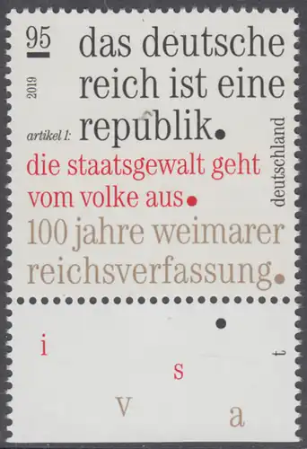 BUND 2019 Michel-Nummer 3488 postfrisch EINZELMARKE RAND unten (b)