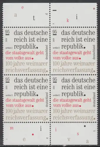 BUND 2019 Michel-Nummer 3488 postfrisch BLOCK RÄNDER oben/unten (a)