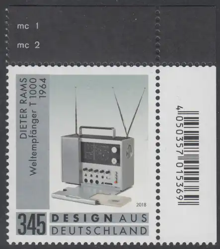 BUND 2018 Michel-Nummer 3400 postfrisch EINZELMARKE ECKRAND oben rechts