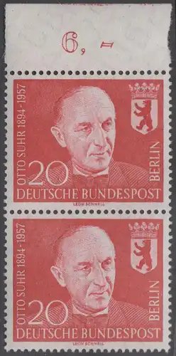BERLIN 1958 Michel-Nummer 181 postfrisch vert.PAAR RAND oben - Prof. Otto Suhr, Politiker