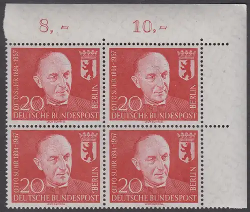BERLIN 1958 Michel-Nummer 181 postfrisch BLOCK ECKRAND oben rechts - Prof. Otto Suhr, Politiker