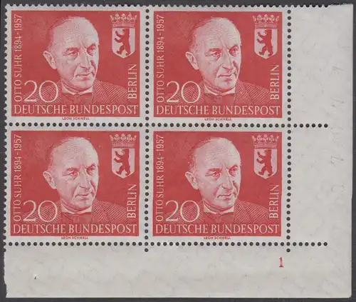 BERLIN 1958 Michel-Nummer 181 postfrisch BLOCK ECKRAND unten rechts m/ Formnummer - Prof. Otto Suhr, Politiker