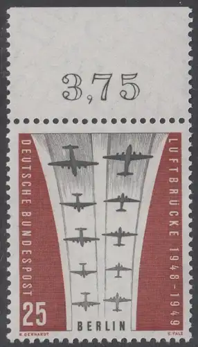 BERLIN 1959 Michel-Nummer 188 postfrisch EINZELMARKE RAND oben (b) - Berliner Luftbrücke