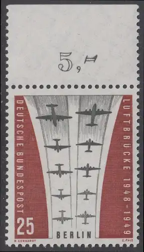 BERLIN 1959 Michel-Nummer 188 postfrisch EINZELMARKE RAND oben (c) - Berliner Luftbrücke