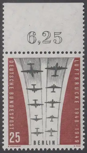 BERLIN 1959 Michel-Nummer 188 postfrisch EINZELMARKE RAND oben (d) - Berliner Luftbrücke