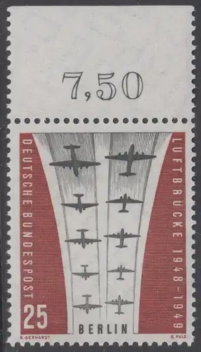 BERLIN 1959 Michel-Nummer 188 postfrisch EINZELMARKE RAND oben (e) - Berliner Luftbrücke