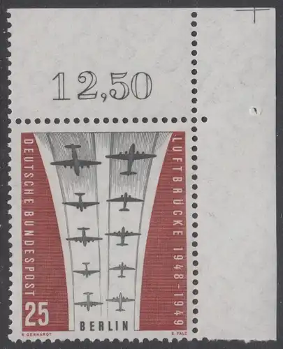 BERLIN 1959 Michel-Nummer 188 postfrisch EINZELMARKE ECKRAND oben rechts - Berliner Luftbrücke