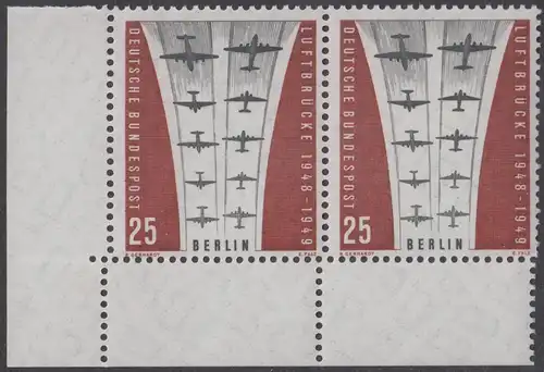 BERLIN 1959 Michel-Nummer 188 postfrisch horiz.PAAR ECKRAND unten links m/ Perforations-Versatz - Berliner Luftbrücke
