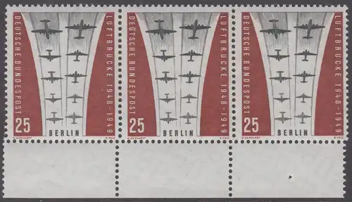 BERLIN 1959 Michel-Nummer 188 postfrisch horiz.STRIP(3) Randmarken unten m/ Perforations-Versatz - Berliner Luftbrücke