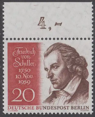 BERLIN 1959 Michel-Nummer 190 postfrisch EINZELMARKE RAND oben (a) - Friedrich von Schiller, Dichter