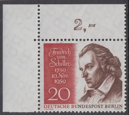 BERLIN 1959 Michel-Nummer 190 postfrisch EINZELMARKE ECKRAND oben links - Friedrich von Schiller, Dichter