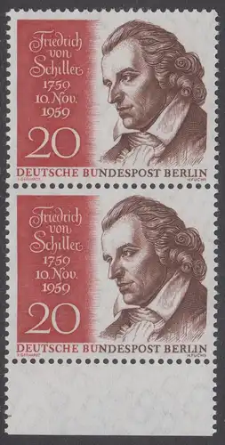 BERLIN 1959 Michel-Nummer 190 postfrisch vert.PAAR RAND unten - Friedrich von Schiller, Dichter