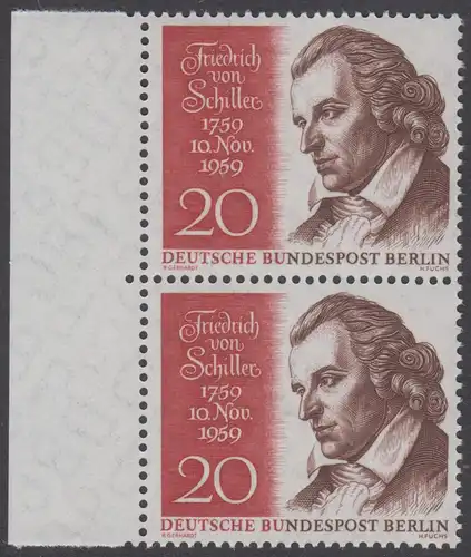 BERLIN 1959 Michel-Nummer 190 postfrisch vert.PAAR RÄNDER links - Friedrich von Schiller, Dichter