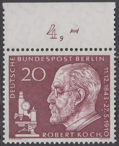 BERLIN 1960 Michel-Nummer 191 postfrisch EINZELMARKE RAND oben (a) - Todestag von Robert Koch