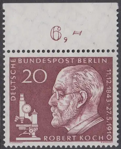 BERLIN 1960 Michel-Nummer 191 postfrisch EINZELMARKE RAND oben (b) - Todestag von Robert Koch