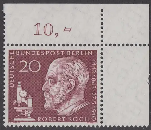 BERLIN 1960 Michel-Nummer 191 postfrisch EINZELMARKE ECKRAND oben rechts - Todestag von Robert Koch