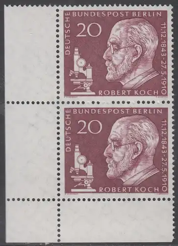 BERLIN 1960 Michel-Nummer 191 postfrisch vert.PAAR ECKRAND unten links - Todestag von Robert Koch