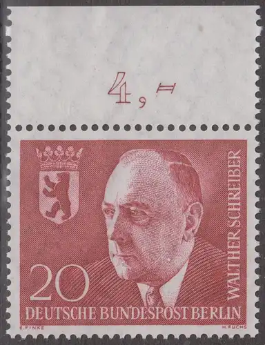 BERLIN 1960 Michel-Nummer 192 postfrisch EINZELMARKE RAND oben (a) - Todestag von Walther Schreiber, Politiker
