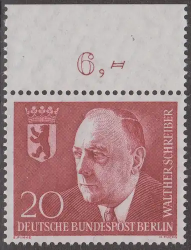 BERLIN 1960 Michel-Nummer 192 postfrisch EINZELMARKE RAND oben (b) - Todestag von Walther Schreiber, Politiker