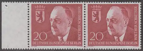 BERLIN 1960 Michel-Nummer 192 postfrisch horiz.PAAR RAND links - Todestag von Walther Schreiber, Politiker