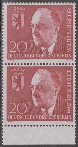 BERLIN 1960 Michel-Nummer 192 postfrisch vert.PAAR RAND unten - Todestag von Walther Schreiber, Politiker